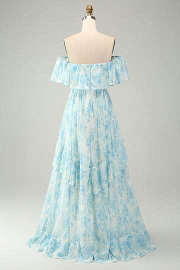 White Blue Floral Off the Shoulder Tiered Maxi Dress